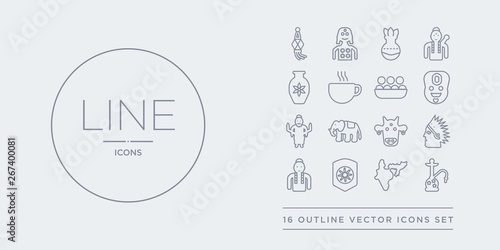 16 line vector icons set such as hookah, india, india badge, india mother, indian contains indian cow, indian elephant, goddess, man. hookah, badge from outline icons. thin, stroke elements