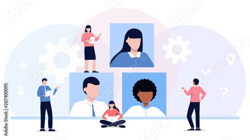 We are hiring, new open vacancy. business company is looking for an employee for a job, flat color employees icons, flat vector illustration, businessmen are considering a resume.