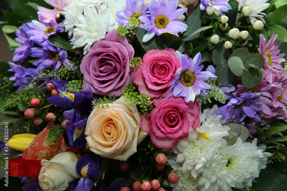 Beautiful Multicolored different flowers Close-up photo background . Multicolored flowers. Red, pink, yellow, purple flowers.