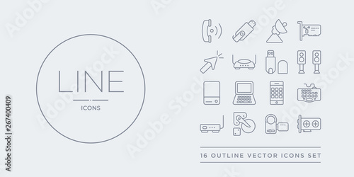 16 line vector icons set such as gpu, handy cam, harddrive, hardware hotspot, keyboard wire contains keypad phone, laptop screen, local disk, loudspeakers. gpu, handy cam, harddrive from hardware
