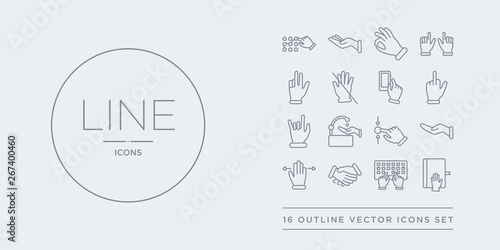 16 line vector icons set such as hand swear, hands and keyboard, handshake, horizontal gesture, horizontal hand contains horizontal scroll gesture, hygienic hand, maloik, middle finger. swear, hands