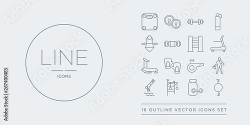 16 line vector icons set such as stretching punching ball, supplement, swedish wall, swim, trainer contains trainer rod, training gloves, treadmill, treadmill machine. stretching punching ball,