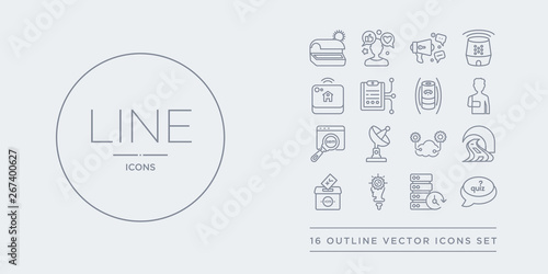 16 line vector icons set such as quiz, real time data, realization, referendum, road tunnel contains saas, satellite antenna, sem, shoulder immobilizer. quiz, real time data, realization from