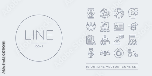 16 line vector icons set such as food delivery, future technology, global team, gmo, group opinion contains hr manager, hr planning, hr policies, services. food delivery, future technology, global