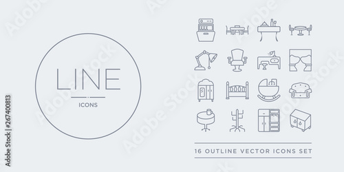 16 line vector icons set such as chest of drawers, closet, coat stand, coffee table, couch contains cradle, crib, cupboard, curtains. chest of drawers, closet, coat stand from furniture and