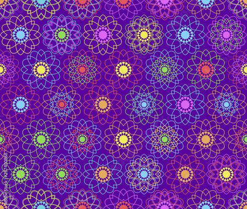 seamless guilloche line pattern in primary colours on an indigo background