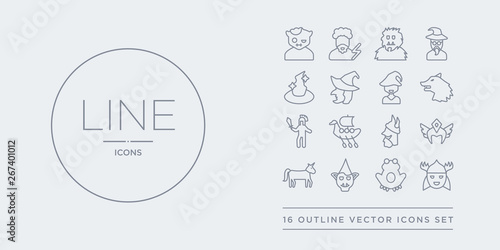 16 line vector icons set such as thor, toad, troll, unicorn, valkyrie contains viking, viking ship, warrior, werewolf. thor, toad, troll from fairy tale outline icons. thin, stroke elements