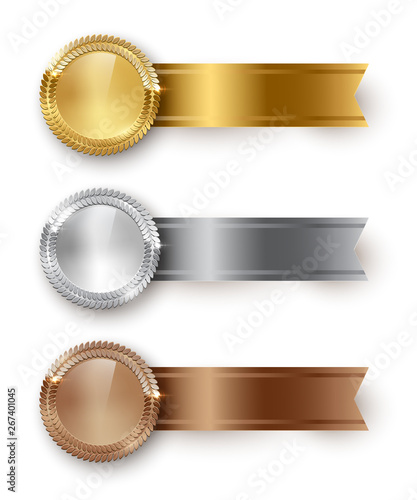 Vector gold, silver, bronze blank medals and horizontal ribbons with text space isolated on white background.