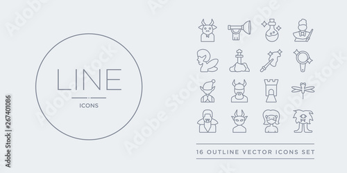 16 line vector icons set such as cyclops, damsel, devil, dracula, dragonfly contains drawbridge, dwarf, elf, enchanted mirror. cyclops, damsel, devil from fairy tale outline icons. thin, stroke