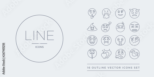 16 line vector icons set such as laughing emoji, liar emoji, love emoji, lying monocle contains muted nauseated nerd nervous laughing liar love from outline icons. thin, stroke elements