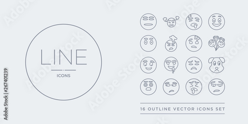 16 line vector icons set such as disappointed emoji, disgusted emoji, dissapointment emoji, dizzy dog contains downcast with sweat drool embarrassed disappointed disgusted dissapointment from