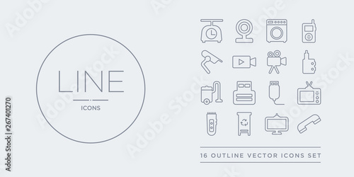 16 line vector icons set such as telephone, television, trash compactor, trimmer, tv contains usb, usb wireless adapter, vacuum cleaner, vaporizer. telephone, television, trash compactor from