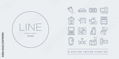 16 line vector icons set such as camcorder, camera, ceiling fan, cell phone, charger contains cold-pressed juicer, compact disc, computer, convection oven. camcorder, camera, ceiling fan from