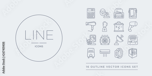 16 line vector icons set such as 3d printer, activity tracker, air conditioner, air purifier, answering machine contains antenna, asic miner, baby monitor, barcode scanner. 3d printer, activity