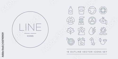 16 line vector icons set such as energy, power, house, house effect, hydraulic energy contains hydro power, hydroelectric power station, leaf, nature. energy, house from ecology outline icons. thin,