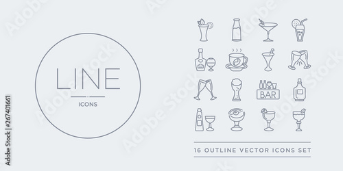16 line vector icons set such as daiquiri, french 75, manhattan drink, sidecar drink, alcohol contains bar, beer, champagne, cheers. daiquiri, french 75, manhattan drink from drinks outline icons.