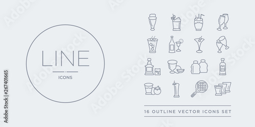 16 line vector icons set such as shots, sieve, tequila sunrise, tomato juice, vodka contains water jug, watermelon juice, whiskey, wine toast. shots, sieve, tequila sunrise from drinks outline