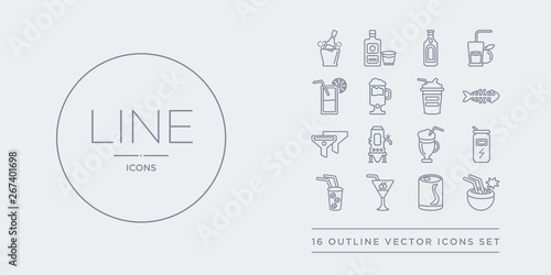 16 line vector icons set such as coconut drink, coke, cosmopolitan, cuba libre, energy drink contains espresso, fermentation, filtration, fish skeleton. coconut drink, coke, cosmopolitan from drinks