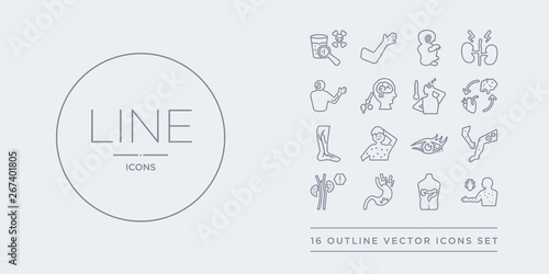 16 line vector icons set such as typhus, ulcerative colitis, ulcers, uremia, urticaria contains uveitis, varicella, varicose veins, vasovagal syncope. typhus, ulcerative colitis, ulcers from