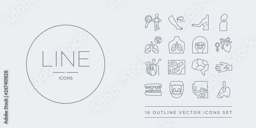 16 line vector icons set such as thymoma, tinnitus, tonsillitis, tooth decay, toxic shock syndrome contains traumatic brain injury (tbi), trichinosis, trichomonas infection (trichomoniasis),