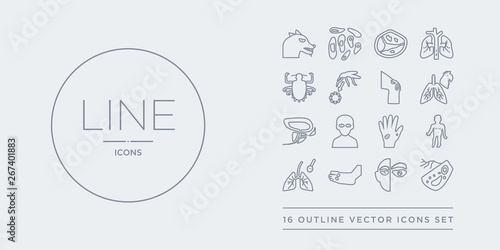 16 line vector icons set such as phenylketonuria, pilia, plague, pneumonia, poliomyelitis contains porphyria, progeria, prostatitis, psittacosis. phenylketonuria, pilia, plague from diseases outline