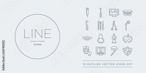 16 line vector icons set such as dental protection, dental veneer, dental x ray, dentist, dentist apple contains dentist bottle with liquid, chair, mask, mirror. protection, veneer, x ray from