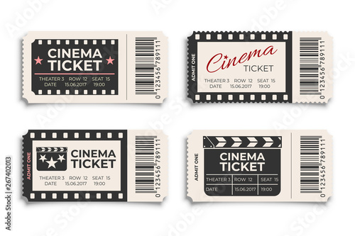 Cinema tickets realistic vector template isolated on white