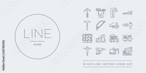 16 line vector icons set such as demolition, digging bar, drill, driller, dump truck contains dumper, excavator, floor, gas pipe. demolition, digging bar, drill from construction outline icons.