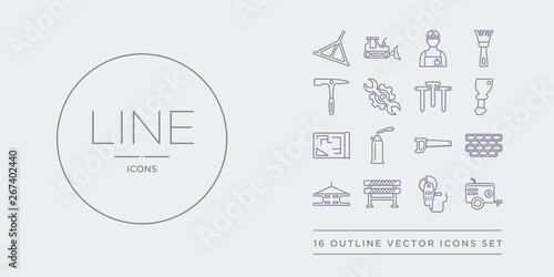 16 line vector icons set such as air compressor, angle grinder, barrier, beam, birck wall contains blade saw, blowtorch, print, bolster. air compressor, angle grinder, barrier from construction