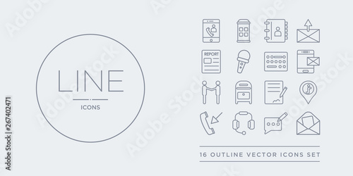 Canvas-taulu 16 line vector icons set such as envelope, feedback, headset, incoming call, info contains letter, mailbox, meeting, message