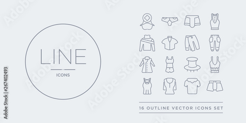 16 line vector icons set such as swim shorts, t shirt, t-shirt, tank top, tanktop contains top hat, tracksuit, trench coat, trouser. swim shorts, t shirt, t-shirt from clothes outline icons. thin,