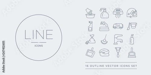 16 line vector icons set such as dust pan, duster, dusting, dustpan, emulsion contains faucet, feather duster, floor mop, garbage. dust pan, duster, dusting from cleaning outline icons. thin, stroke