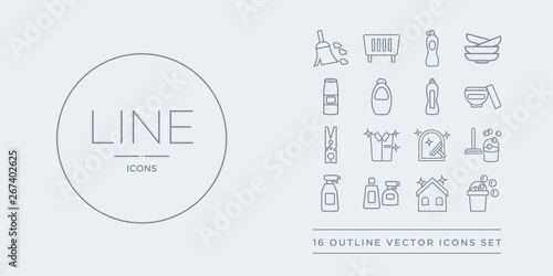 16 line vector icons set such as cleaning, cleaning house, cleaning products, spray, tools contains window, clothes clothes peg, cream. house, products from outline icons. thin, stroke elements