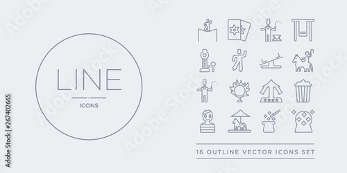 16 line vector icons set such as magic ball, magic hat, merry go round, mime, pop corn contains ride, ring of fire, ringmaster, rodeo. magic ball, hat, merry go round from circus outline icons.
