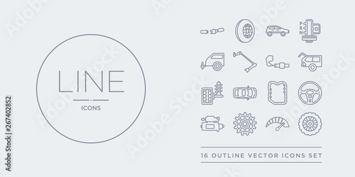 16 line vector icons set such as car spare wheel, car speedometer, car sprocket, starter, steering wheel contains sump, sunroof or sunshine roof, suspension, tailgate. spare wheel, speedometer,