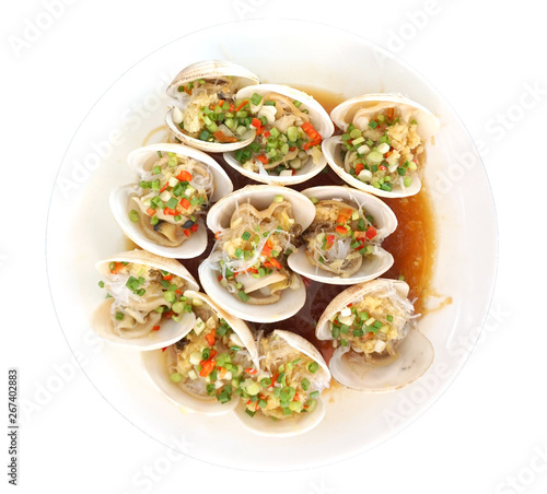 TOP VIEW OF STEAMED GRAY BONNET WITH GARIC.isolated on a White Background. Seafood