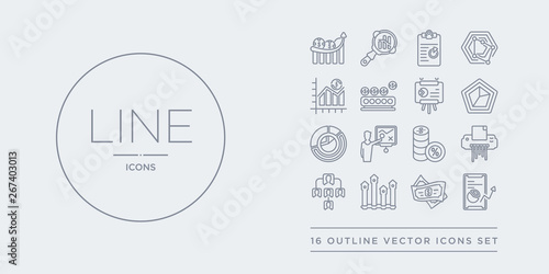 16 line vector icons set such as mobile stock data, money, mortgage statistics, organization, paper shder contains percentage, person explaining strategy, pie chart, polygonal chart. mobile stock