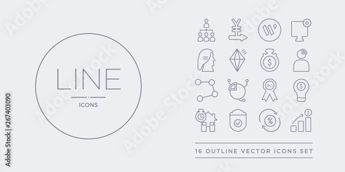 16 line vector icons set such as second-lien loan, variable rate mortgage, security, self-certification mortgage, self-select isa contains serious fraud office (sfo), share index, share options,