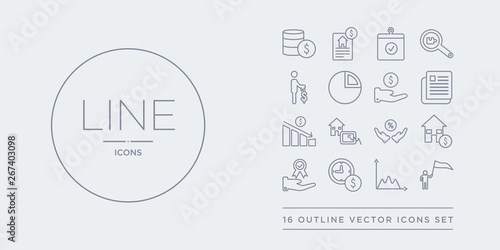 16 line vector icons set such as rally, random walk theory, rate of return, ratings agencies, real estate investment trusts contains real interest rate, real values, recession, regulatory news