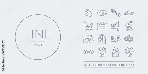16 line vector icons set such as fixed costs, fixed-rate mortgage, flexible mortgage, foreign exchange (forex), freehold contains futures, gazumping, gazundering, gearing. fixed costs, fixed-rate