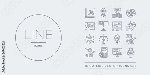 16 line vector icons set such as dividend yield, dow jones industrial average, ebit, ebitda, earnings per share (eps) contains economic growth, economies of scale, elasticity, endowment policy.