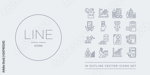 16 line vector icons set such as charte institute of purchasing and supply, charts, chinese walls, city of london, collateral contains commercial paper, commodity, competition commission,