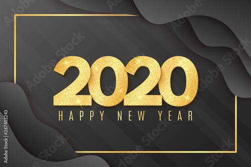 2020 Happy New year greeting card. Golden confetti. Liquid design with abstract black shapes. Brilliant glitter on a light background. Vector illustration.