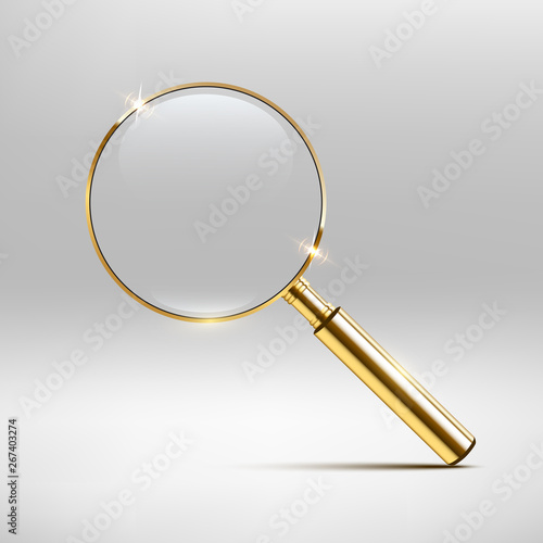 Vector realistic golden magnifier isolated on gray background.