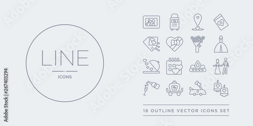16 line vector icons set such as wedding candle, wedding car, wedding carriage, champagne, couple contains crown, day, dinner, dress. candle, car, carriage from and love outline icons. thin, stroke