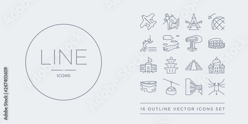 16 line vector icons set such as bridge, building, cable car, canoe, cathedral of saint basil contains chichen itza, chinese temple, city hall, colosseum. bridge, building, cable car from