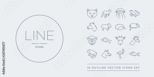 16 line vector icons set such as fish, flamingo, fox, frog, giraffe contains goat, goldfish, gorilla, hamster. fish, flamingo, fox from animals outline icons. thin, stroke elements