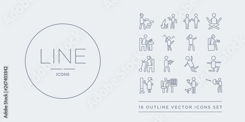 16 line vector icons set such as hunting, hydroponics, insect collecting, jewelry making, jumping contains jumping to the water, knife making, knitting, lace making. hunting, hydroponics, insect
