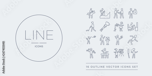 16 line vector icons set such as drawing, easel, eating, exercising, failure contains film making, fish bowl, flying a kite, game playing. drawing, easel, eating from activity and hobbies outline