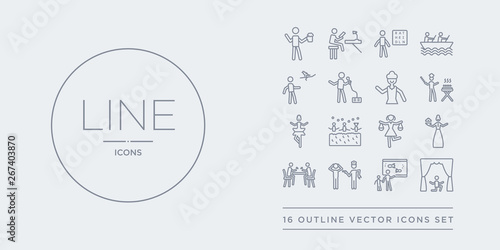 16 line vector icons set such as acting, aquarium, arrest, baccarat, baking contains balancing, ball pit, ballerina, barbeque. acting, aquarium, arrest from activity and hobbies outline icons. thin,